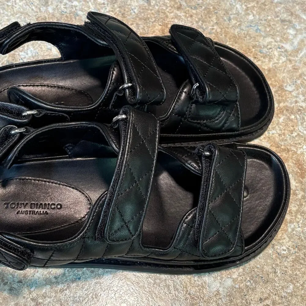 Tony Bianco Hiranni Black Sheep Nappa Leather Quilted Dad Sandals Size 38